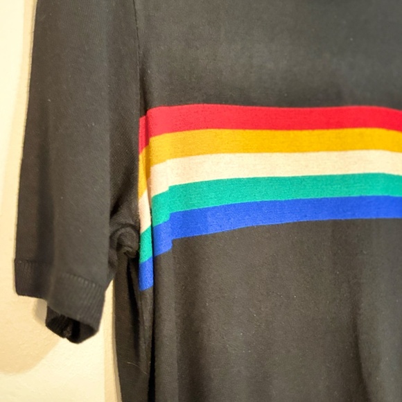 Black Short Sleeve Knit T-Shirt Sweater w Rainbow Stripes - Picture 5 of 12